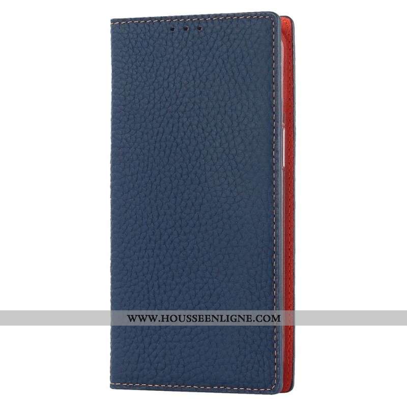 Flip Cover iPhone 14 Cuir Litchi Véritable à Lanière