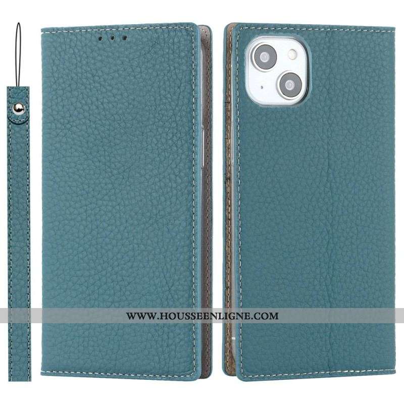 Flip Cover iPhone 14 Plus Cuir Litchi Véritable à Lanière