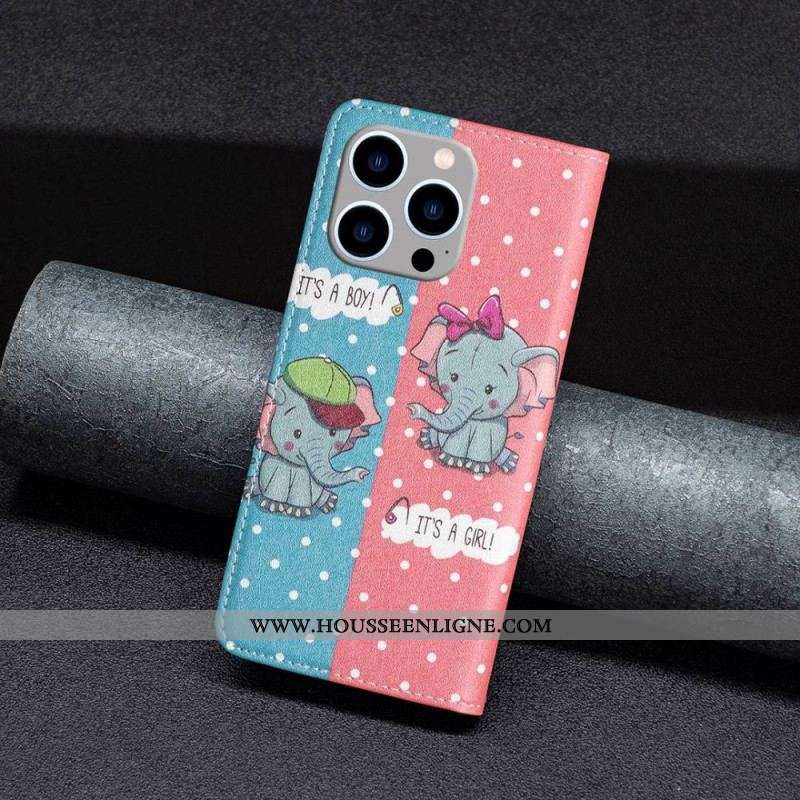 Flip Cover iPhone 14 Pro Max Bébés Éléphants