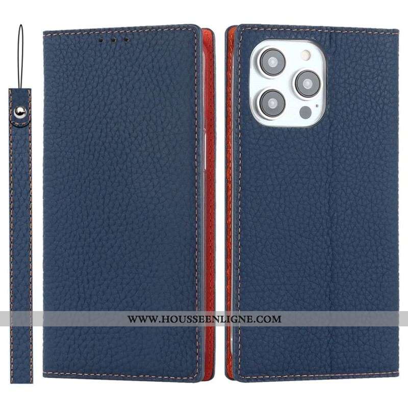 Flip Cover iPhone 14 Pro Max Cuir Litchi Véritable à Lanière