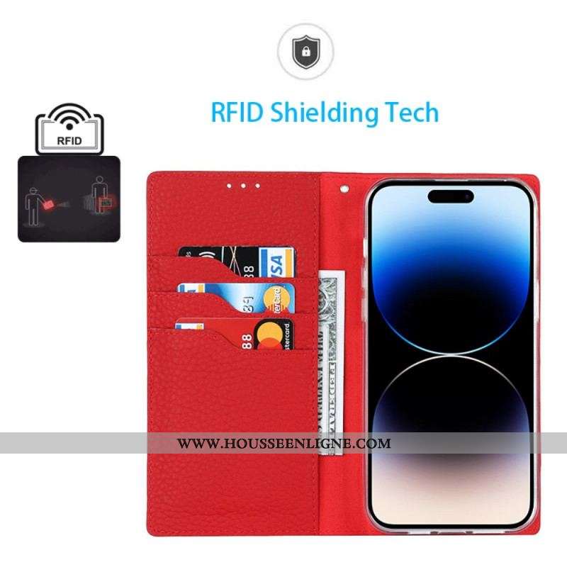 Flip Cover iPhone 14 Pro Max Cuir Litchi Véritable à Lanière