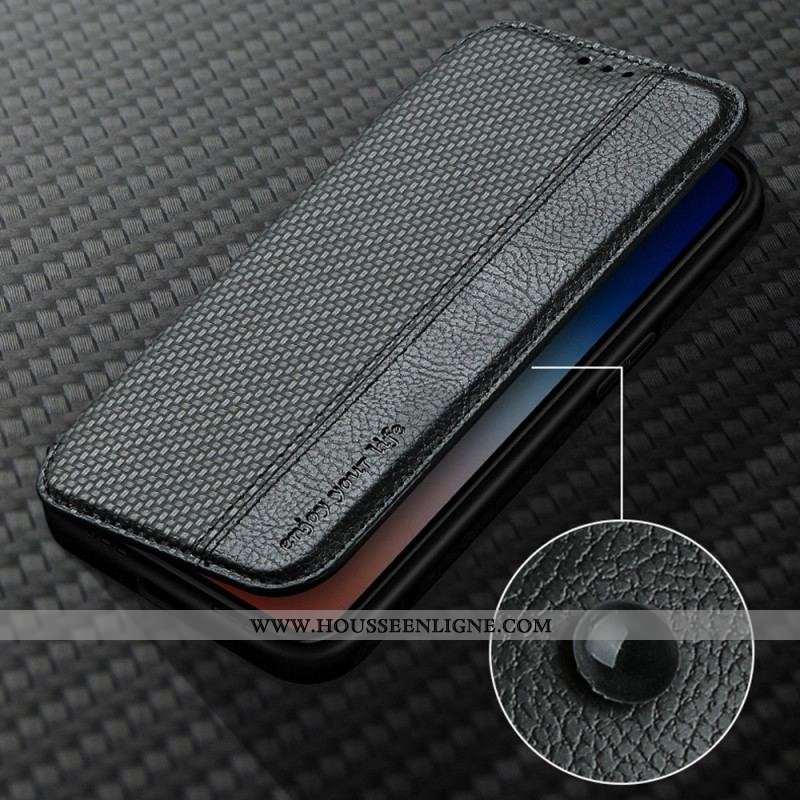 Flip Cover iPhone 14 Pro Max Fibre Carbone Fermoir Ventouse
