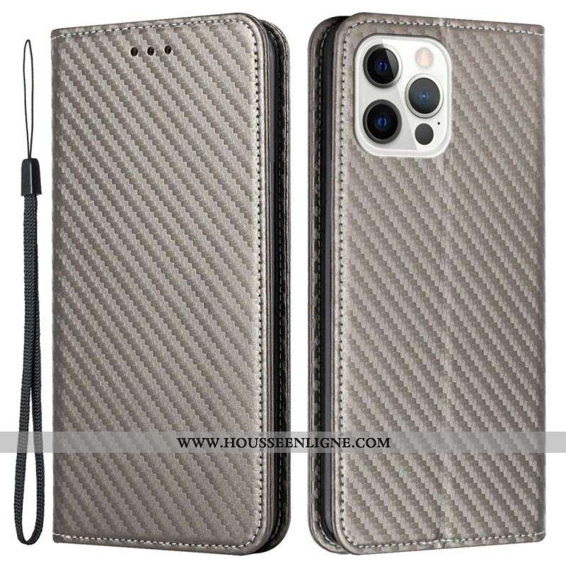 Flip Cover iPhone 14 Pro Style Fibre Carbone à Lanière