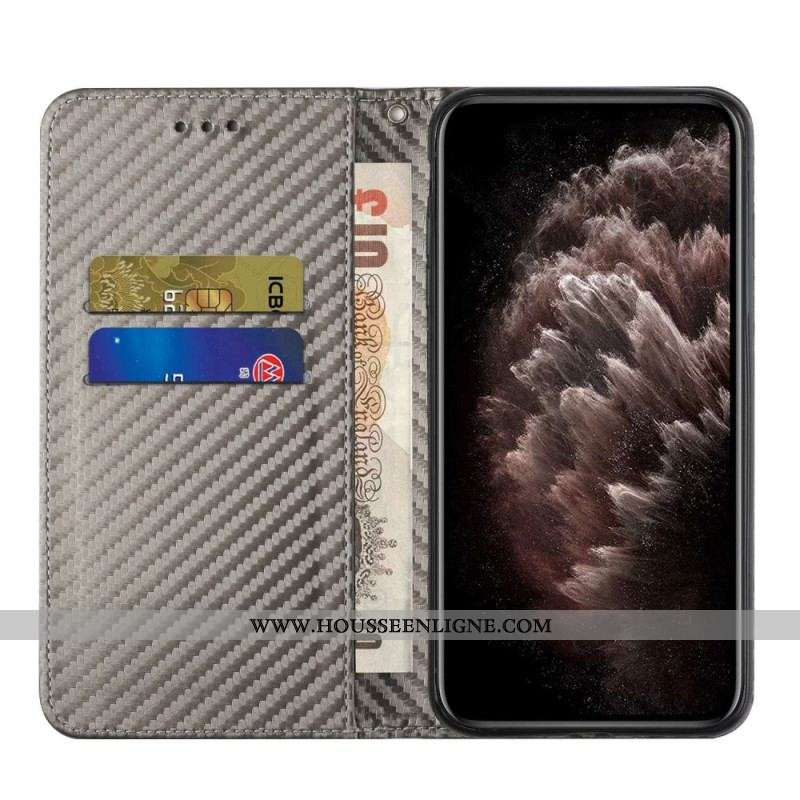 Flip Cover iPhone 14 Pro Style Fibre Carbone à Lanière