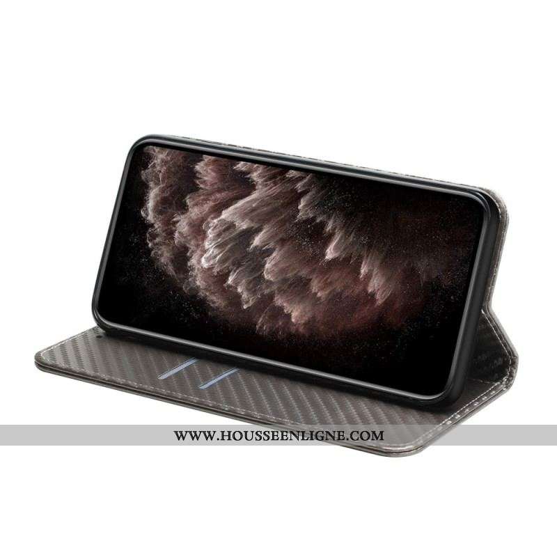 Flip Cover iPhone 14 Pro Style Fibre Carbone à Lanière