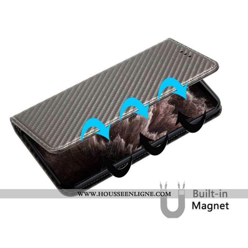 Flip Cover iPhone 14 Pro Style Fibre Carbone à Lanière