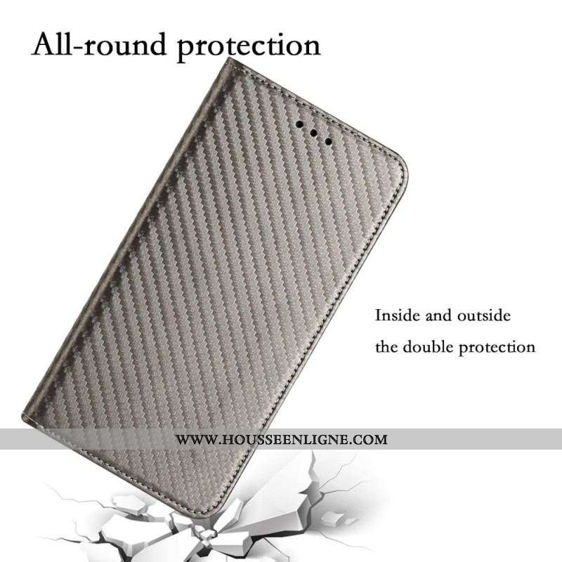 Flip Cover iPhone 14 Pro Style Fibre Carbone à Lanière
