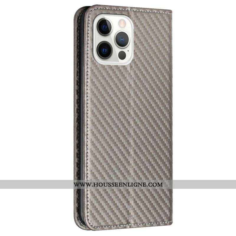 Flip Cover iPhone 14 Pro Style Fibre Carbone à Lanière