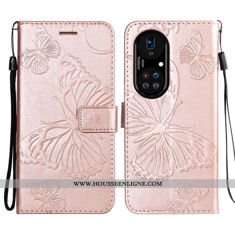 Housse Huawei P50 Pro Papillons Géants à Lanière