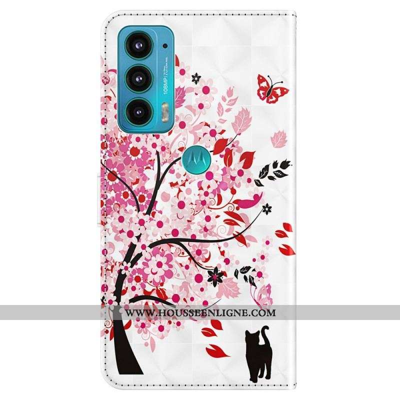 Housse Moto E40 / E30 / E20 Arbre Rose et Chat Noir
