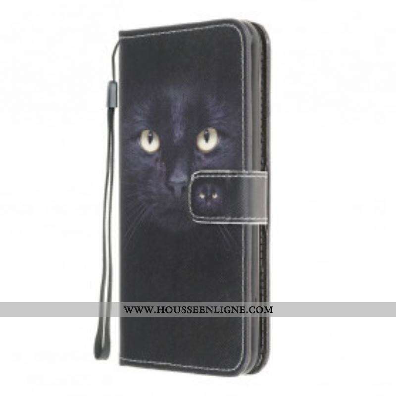 Housse Moto G30 / Moto G10 Yeux de Chat Noir à Lanière