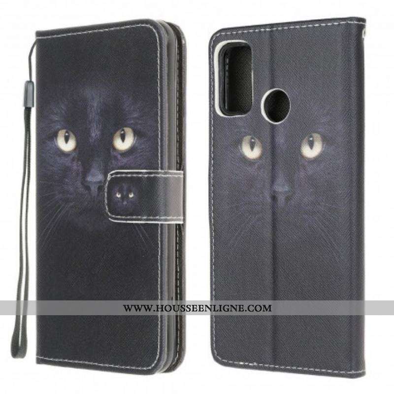 Housse Moto G30 / Moto G10 Yeux de Chat Noir à Lanière
