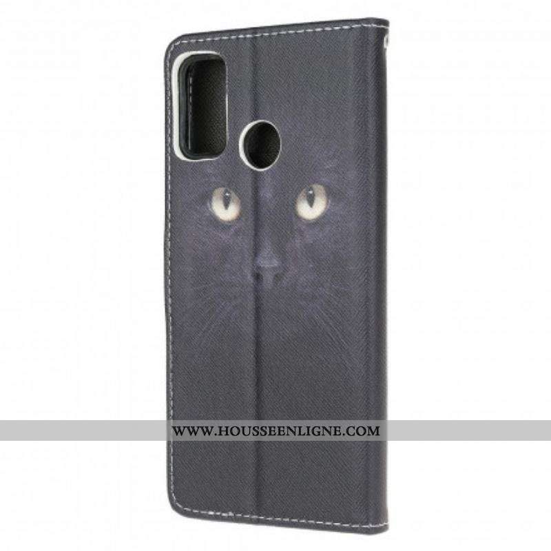 Housse Moto G30 / Moto G10 Yeux de Chat Noir à Lanière