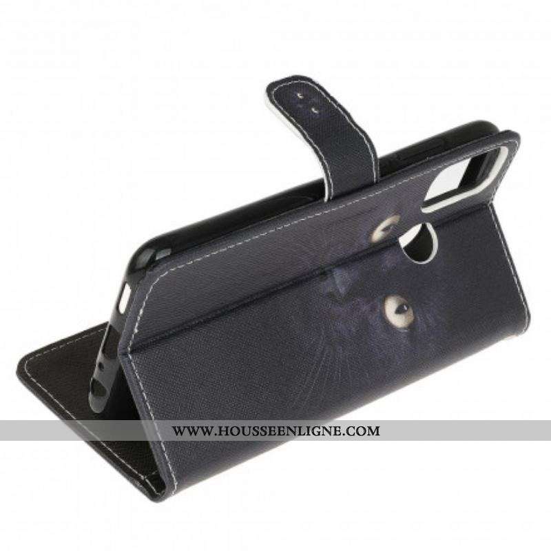 Housse Moto G30 / Moto G10 Yeux de Chat Noir à Lanière