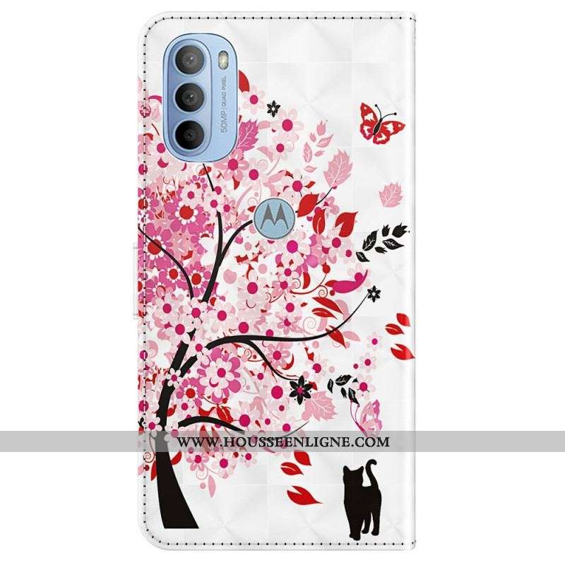 Housse Moto G41 / G31 Arbre Rose et Chat Noir