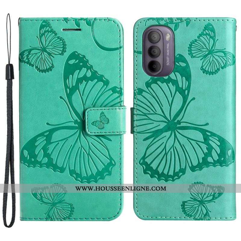 Housse Moto G41 / G31 Papillons Géants à Lanière