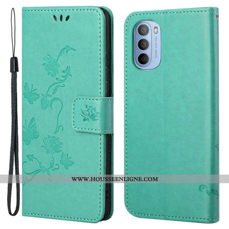 Housse Moto G41 / G31 Papillons et Fleurs à Lanière
