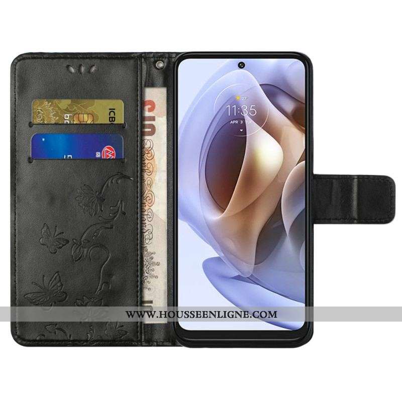 Housse Moto G41 / G31 Papillons et Fleurs à Lanière