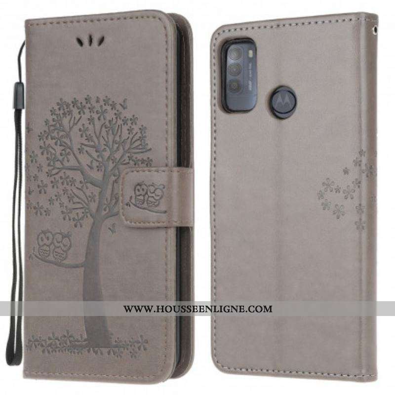 Housse Moto G50 Arbre et Hiboux à Lanière