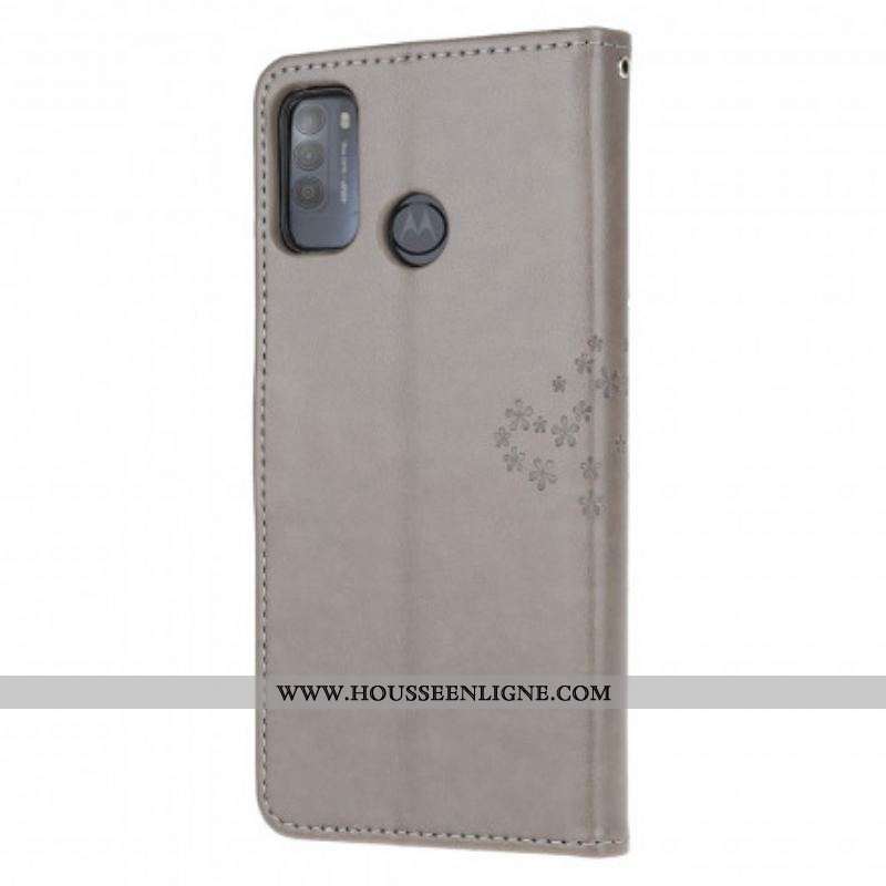 Housse Moto G50 Arbre et Hiboux à Lanière