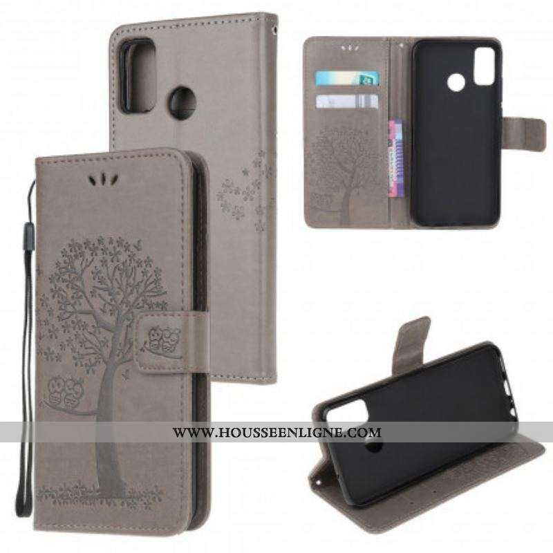 Housse Moto G50 Arbre et Hiboux à Lanière