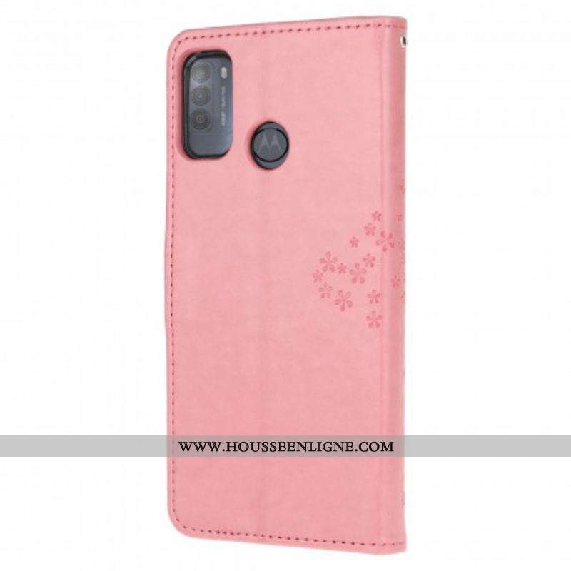 Housse Moto G50 Arbre et Hiboux à Lanière