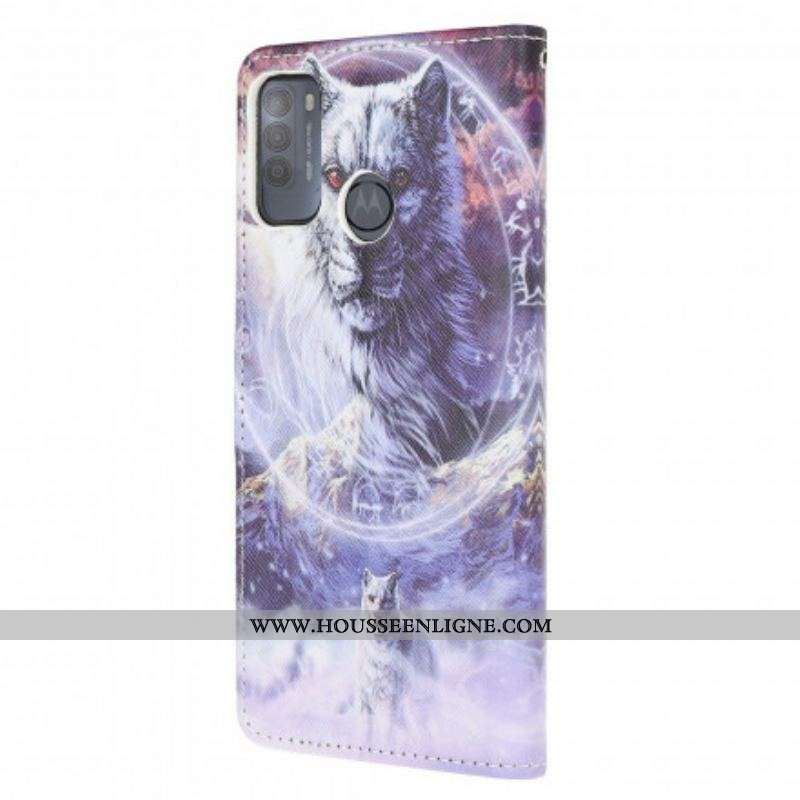 Housse Moto G50 Loup en Hiver avec Lanière