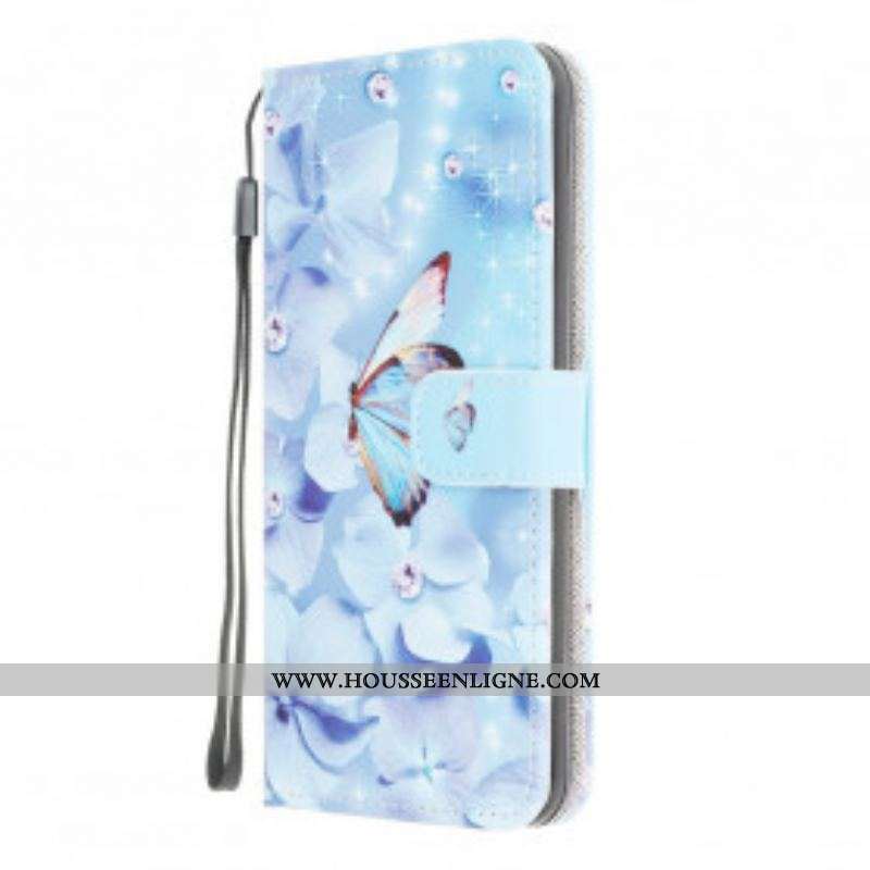 Housse Moto G50 Papillons Diamants à Lanière
