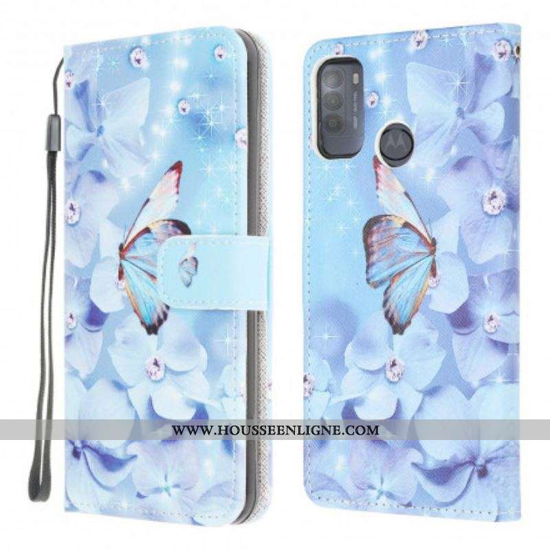 Housse Moto G50 Papillons Diamants à Lanière