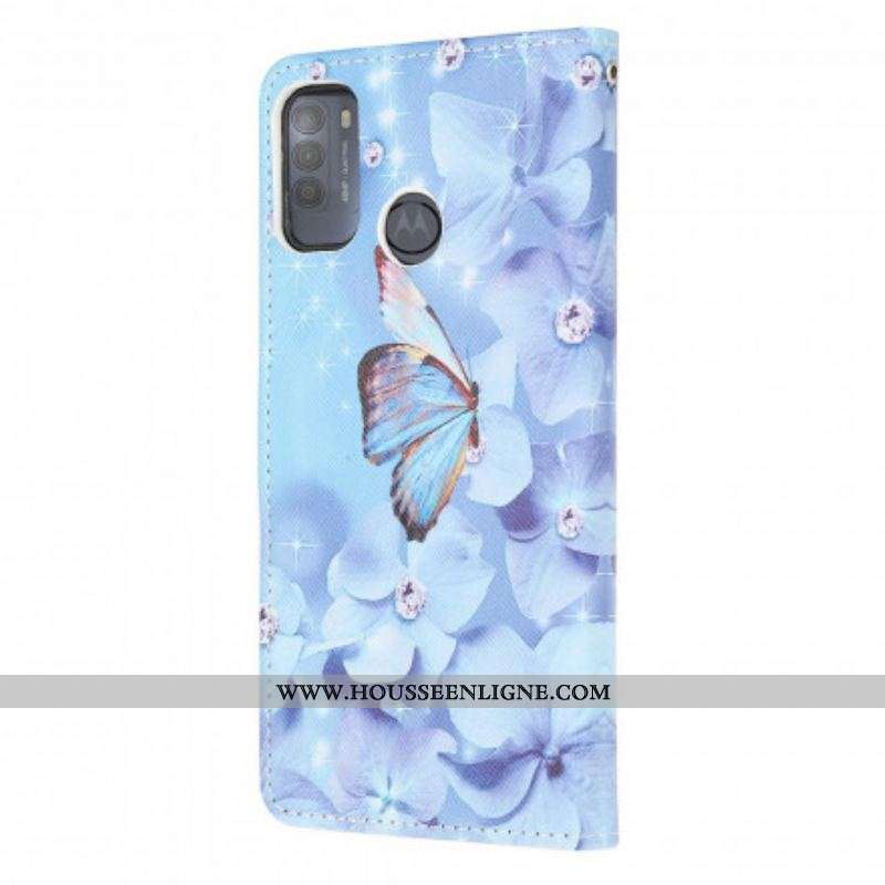 Housse Moto G50 Papillons Diamants à Lanière