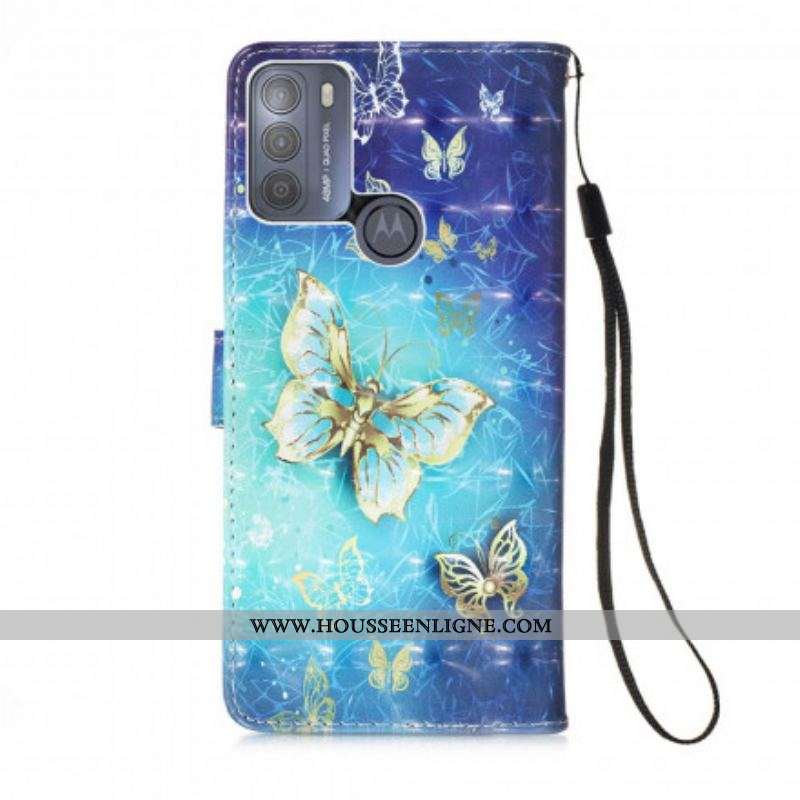 Housse Moto G50 Papillons Dorés Lanière