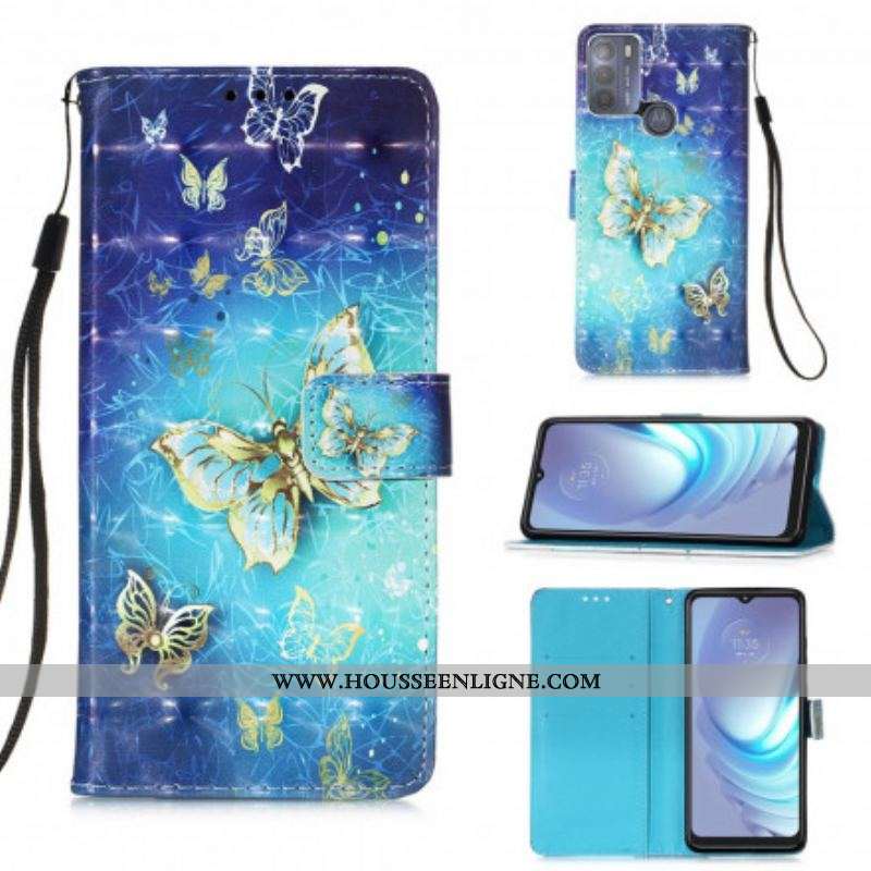Housse Moto G50 Papillons Dorés Lanière