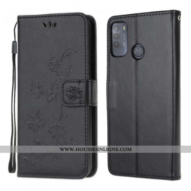Housse Moto G50 Papillons et Fleurs à Lanière