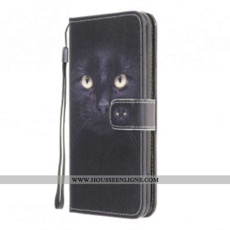 Housse Moto G50 Yeux de Chat Noir à Lanière
