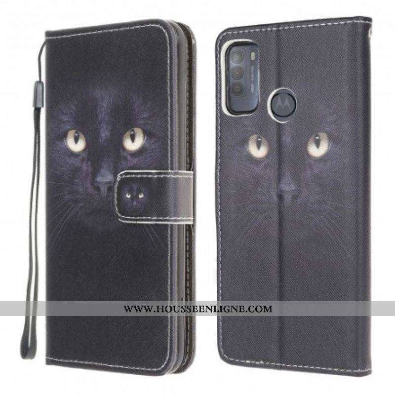 Housse Moto G50 Yeux de Chat Noir à Lanière