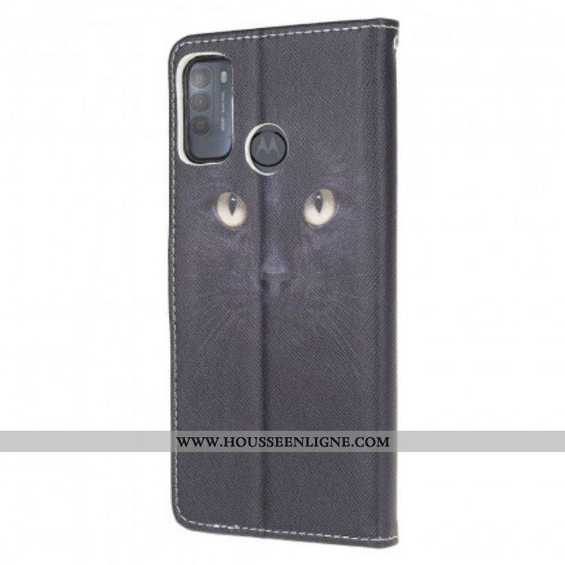 Housse Moto G50 Yeux de Chat Noir à Lanière