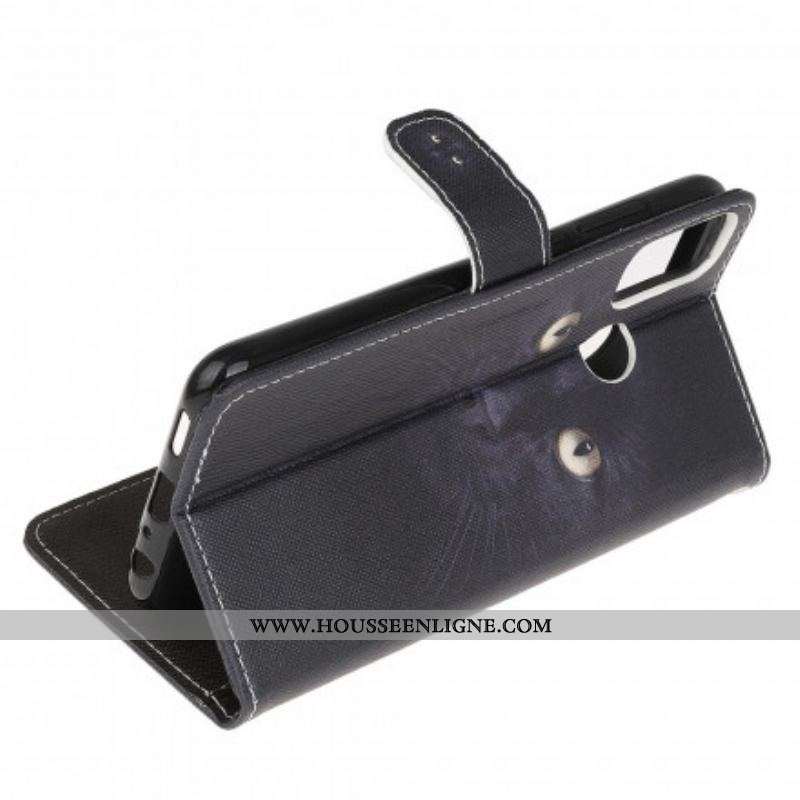 Housse Moto G50 Yeux de Chat Noir à Lanière