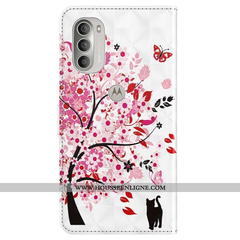 Housse Moto G51 5G Arbre Rose et Chat Noir