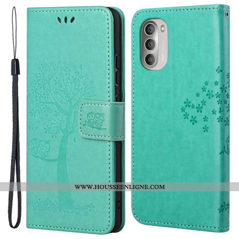 Housse Moto G51 5G Arbre et Hiboux à Lanière