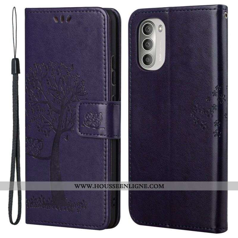 Housse Moto G51 5G Arbre et Hiboux à Lanière