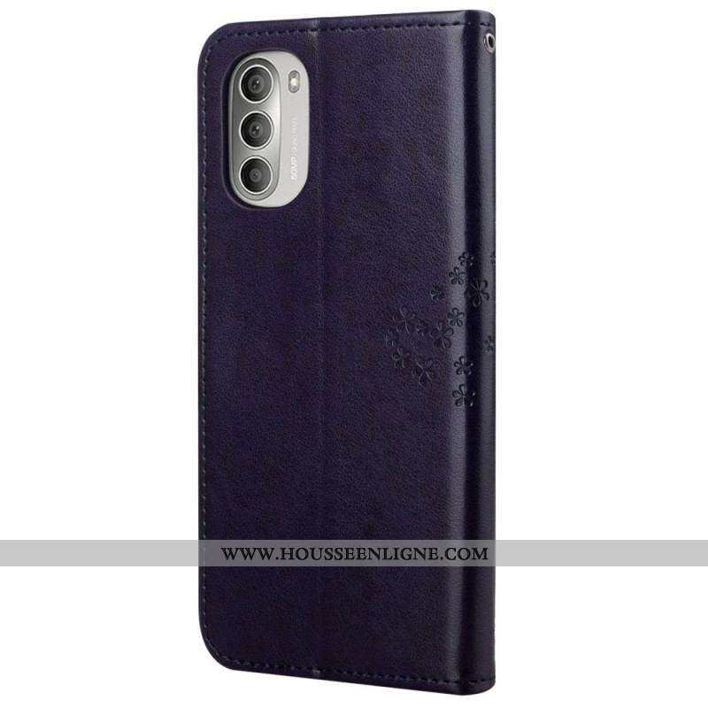 Housse Moto G51 5G Arbre et Hiboux à Lanière