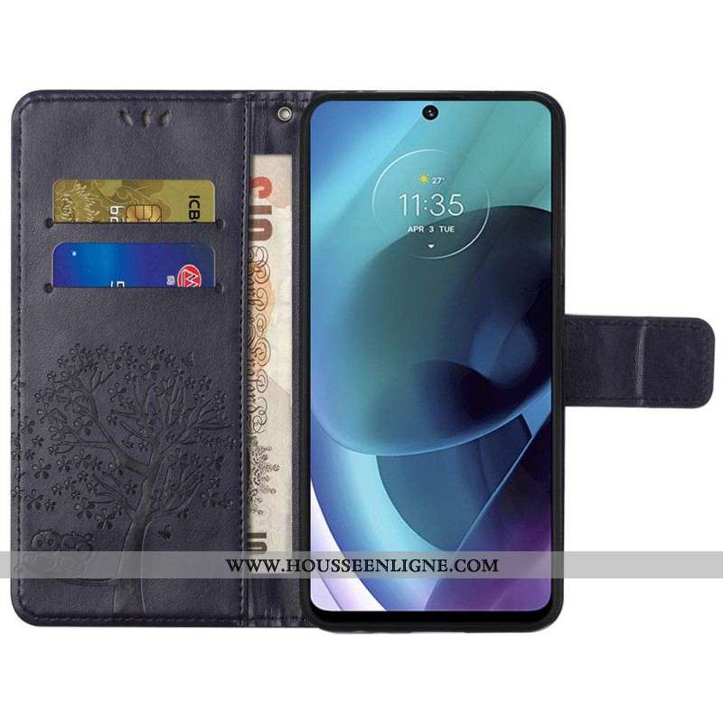 Housse Moto G51 5G Arbre et Hiboux à Lanière
