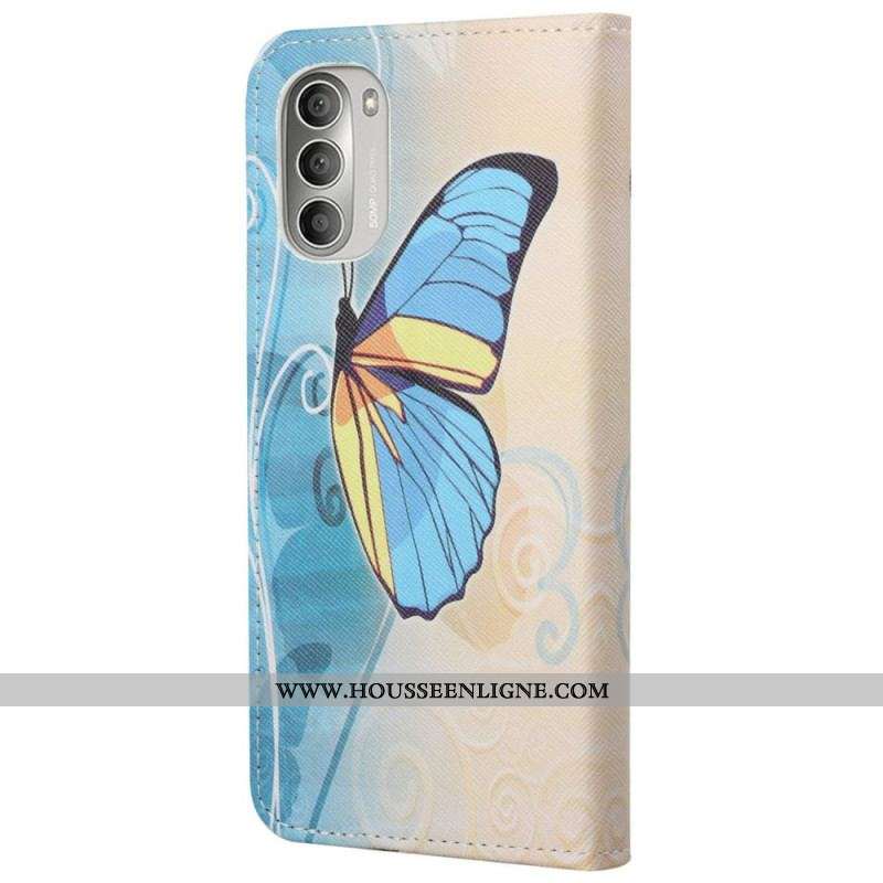 Housse Moto G51 5G Papillon Bleu et Jaune