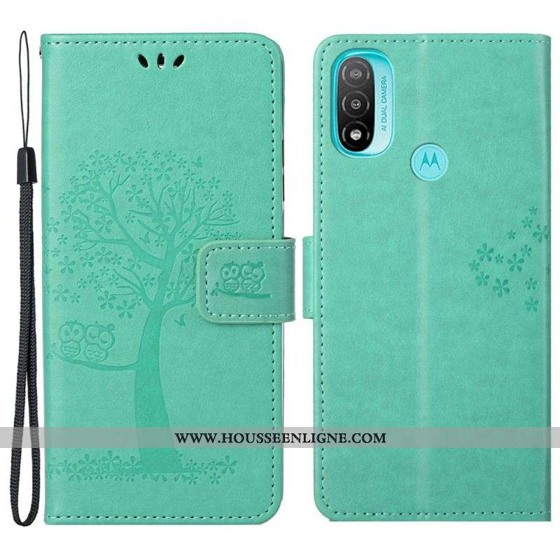 Housse Moto G71 5G Arbre et Hiboux à Lanière