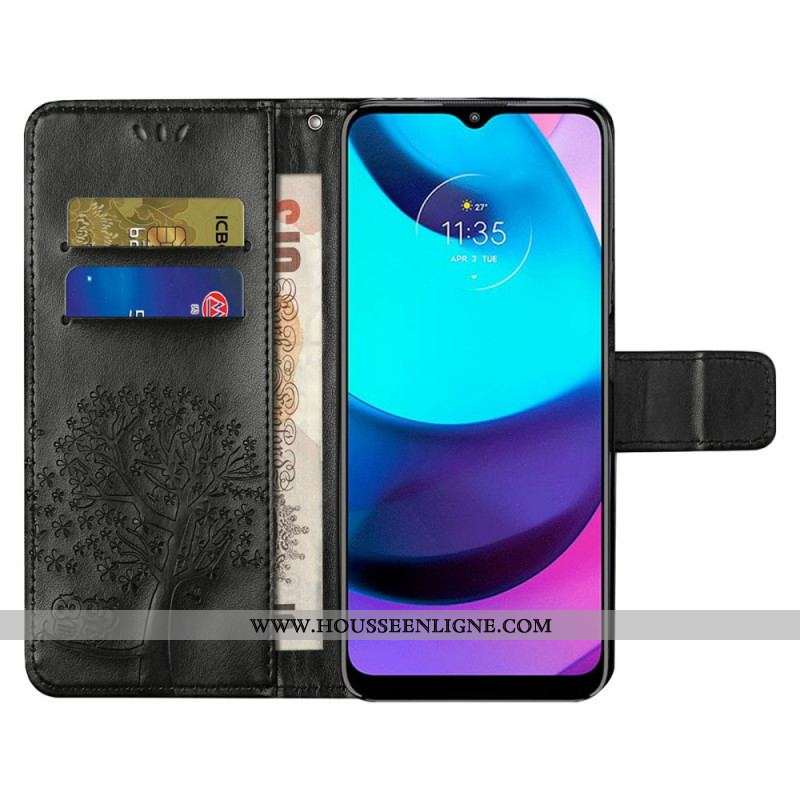 Housse Moto G71 5G Arbre et Hiboux à Lanière