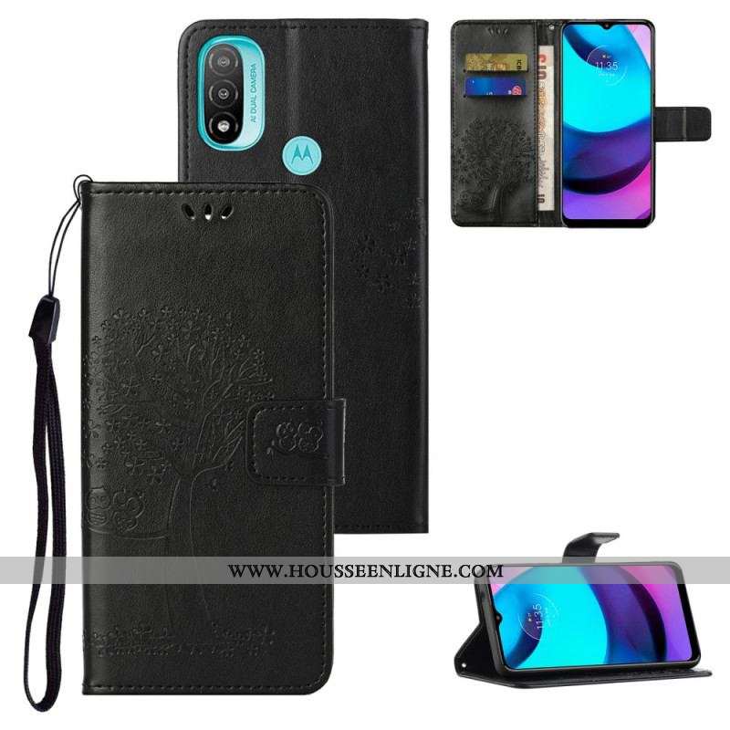 Housse Moto G71 5G Arbre et Hiboux à Lanière