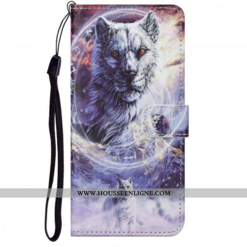 Housse Moto G71 5G Loup en Hiver avec Lanière