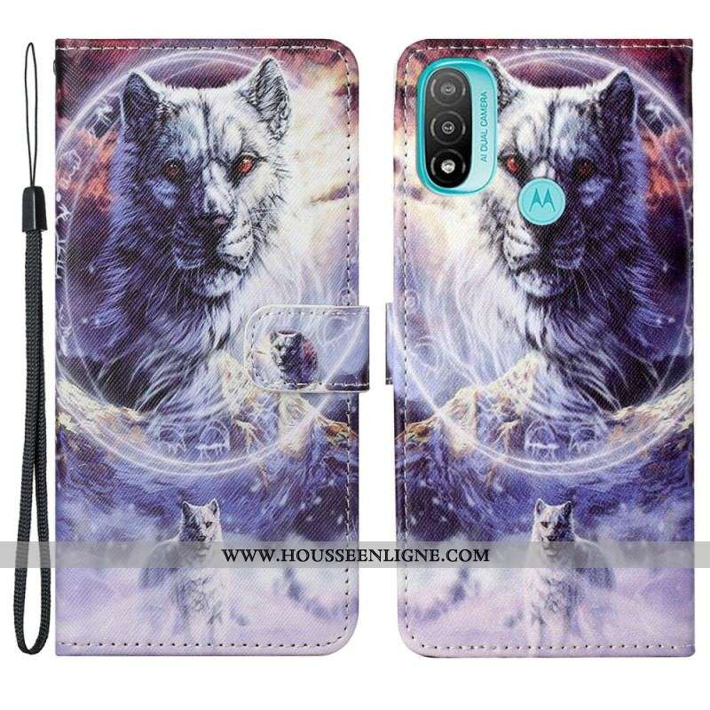 Housse Moto G71 5G Loup en Hiver avec Lanière