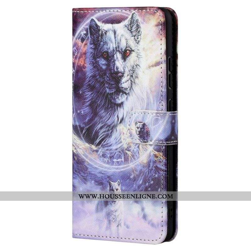 Housse Moto G71 5G Loup en Hiver avec Lanière