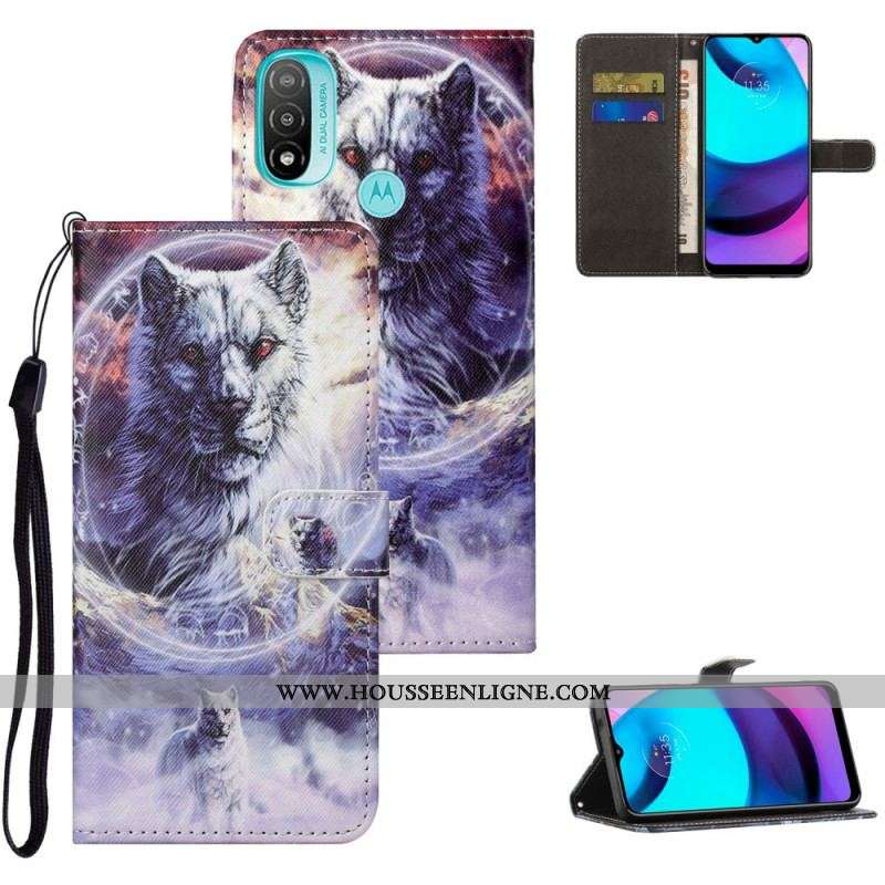 Housse Moto G71 5G Loup en Hiver avec Lanière